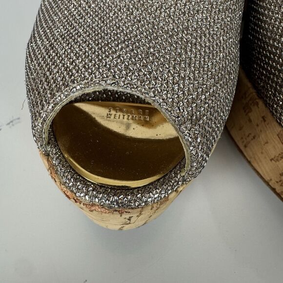 Stuart Weitzman Anna Wedge Women 6 Silver Glitter Cork Platform Peep Toe Pumps - Picture 7 of 15